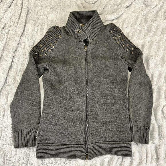 Ruff Hewn Sweater Jacket Women M Gray Studded Cotton Zip Up Ribbed Mock Neck - Picture 1 of 6